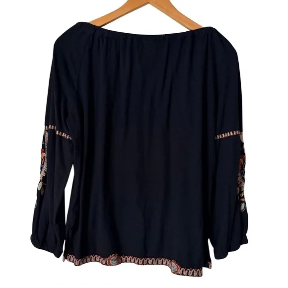 Johnny Was Black Peasant Tie Floral Embroidery Blouse Top, XS - Picture 2 of 9